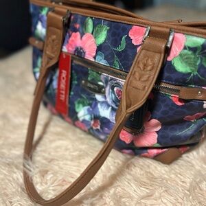 Rosetti Navy Floral Tote Bag - Brown Accents